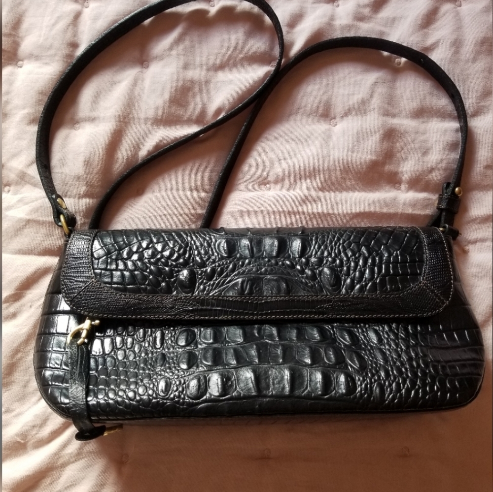 Brahmin Black Croc Embossed Leather Shoulder Flap Baguette Bag